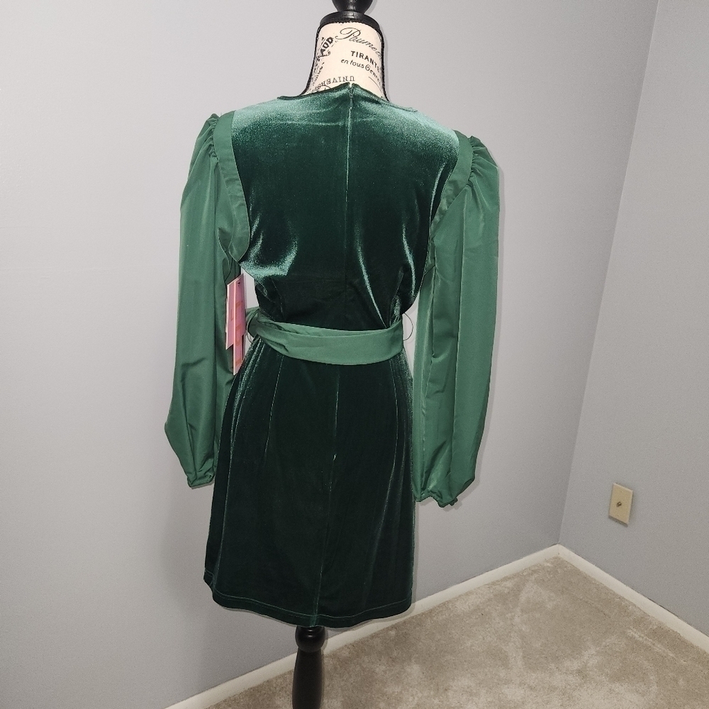 LDT Hannah NWT Stretch Velvet Bow Sash Crew Neck Puff Long Sleeve Dress Size 6 - Picture 4 of 12